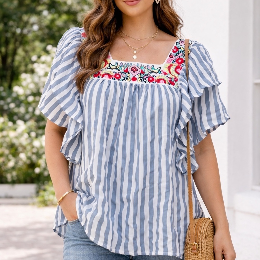 Entro boho chic blouse Striped Blue and White Embroidered Top flutter sleeve